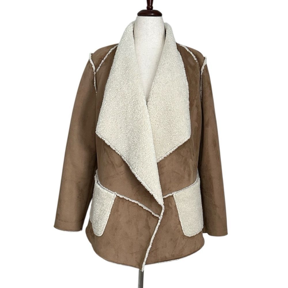 Saks Fifth Avenue Faux Shearling Jacket Tan Sherpa Lined Coat Size L